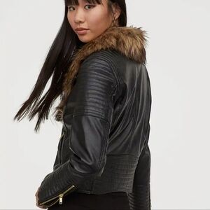 H&M Faux Black Leather Jacket with Tan Faux Fur